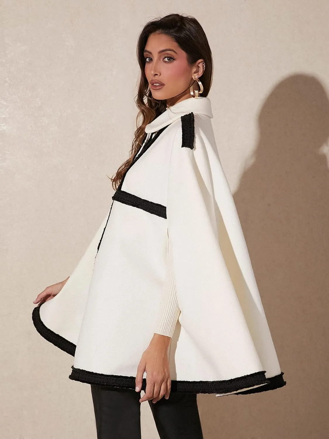 NOBRIM Jackets for Women - Contrast Trim Cloak Sleeve Overcoat (Color : White, Size : X-Small)