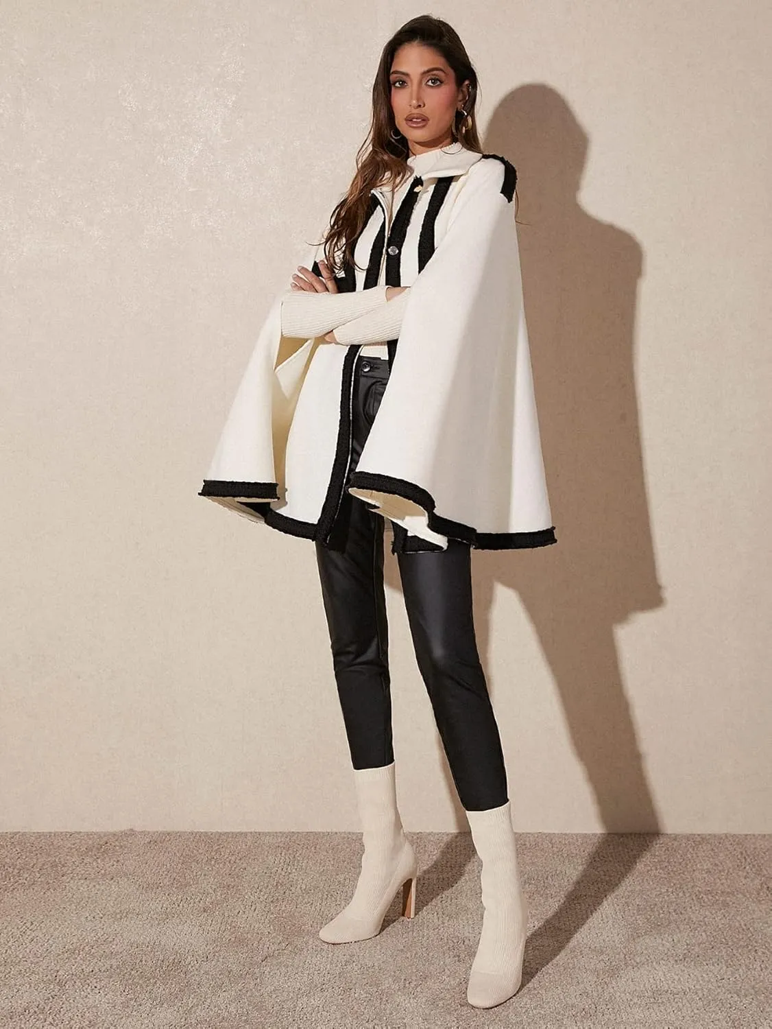 NOBRIM Jackets for Women - Contrast Trim Cloak Sleeve Overcoat (Color : White, Size : X-Small)