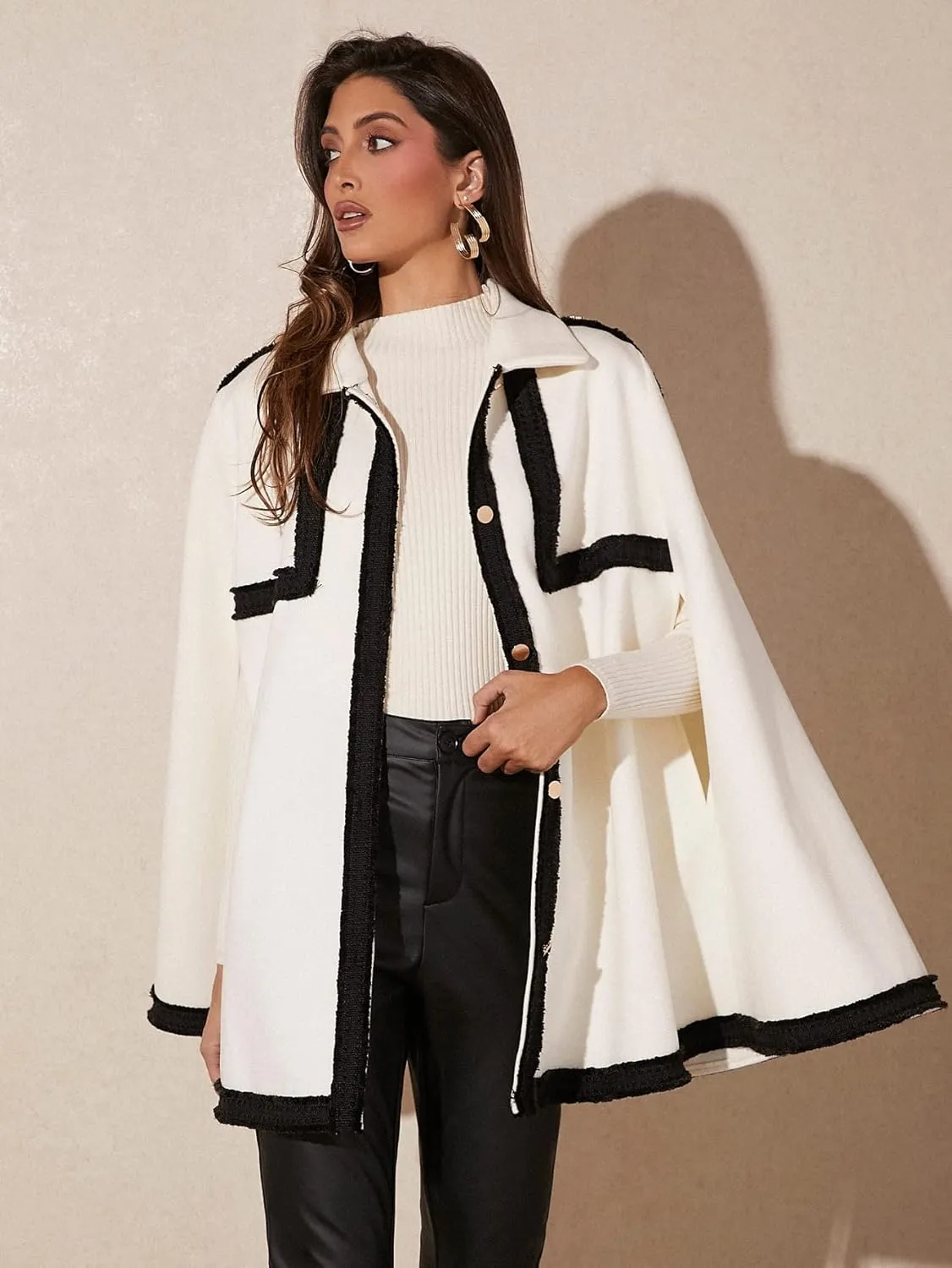 NOBRIM Jackets for Women - Contrast Trim Cloak Sleeve Overcoat (Color : White, Size : X-Small)