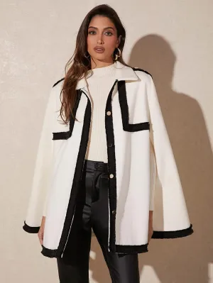 NOBRIM Jackets for Women - Contrast Trim Cloak Sleeve Overcoat (Color : White, Size : X-Small)