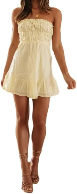 NUFIWI Sexy Strapless A Line Tube Mini Dress Sleeveless Ruffle Ruched Short Dress Off Shoulder Patchwork Beach Sundress