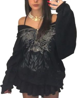 NUFIWI Womens Angel Print Oversized Hoodies Skull Skeleton Pattern Zip Up Jackets Y2K Autumn Winter Plus Size Sweatshirt