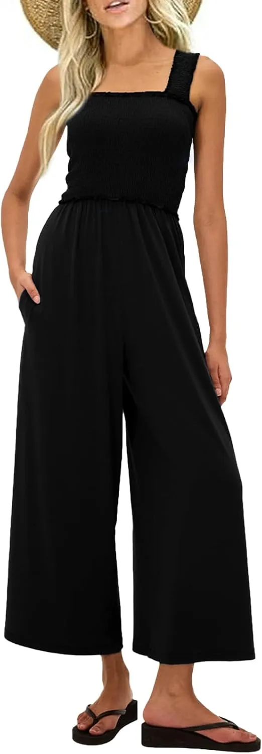 One Piece Sleeveless Square Neck Jumpsuits for Women Casual Wide Leg Long Pant Rompers Overalls Beach Vacation