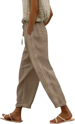 Pants for Women, Wide Leg Pants Casual Peasant Straight Linen Trendy Drawstring