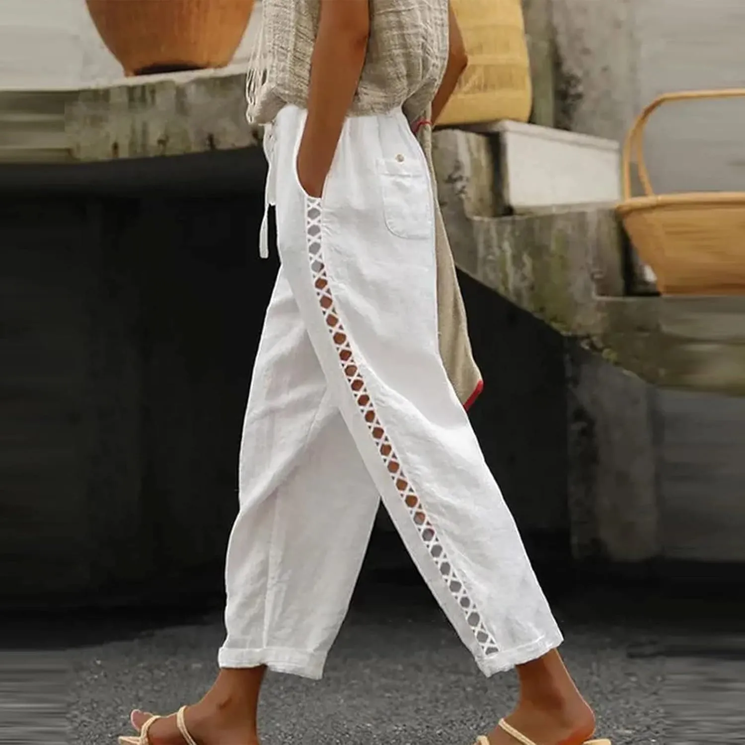 Pants for Women, Wide Leg Pants Casual Peasant Straight Linen Trendy Drawstring