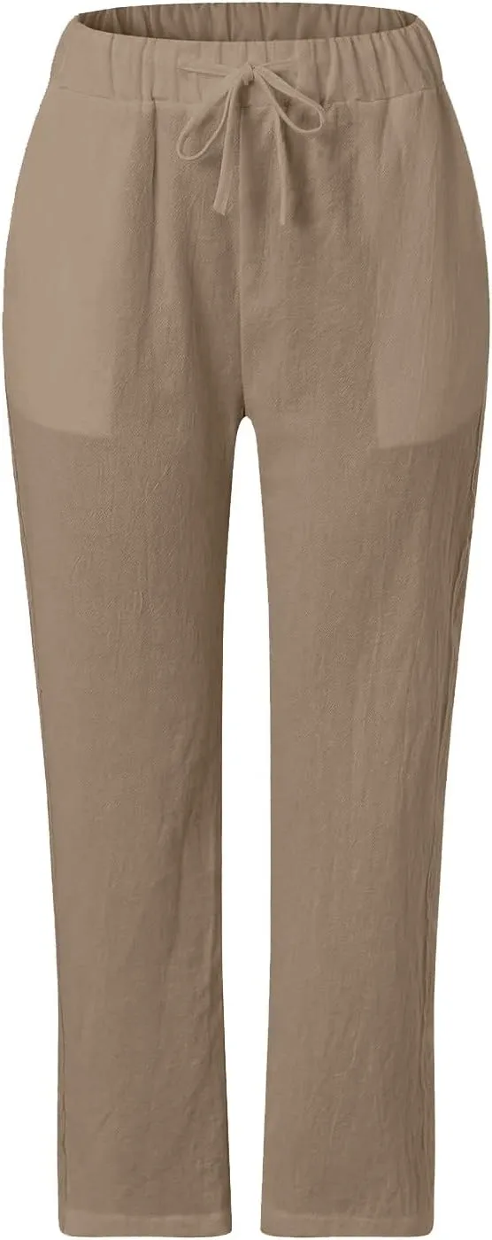Pants for Women, Wide Leg Pants Casual Peasant Straight Linen Trendy Drawstring