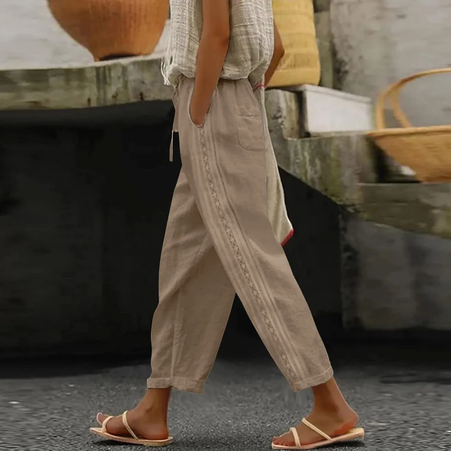 Pants for Women, Wide Leg Pants Casual Peasant Straight Linen Trendy Drawstring
