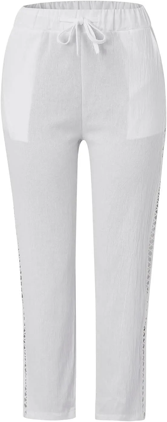 Pants for Women, Wide Leg Pants Casual Peasant Straight Linen Trendy Drawstring