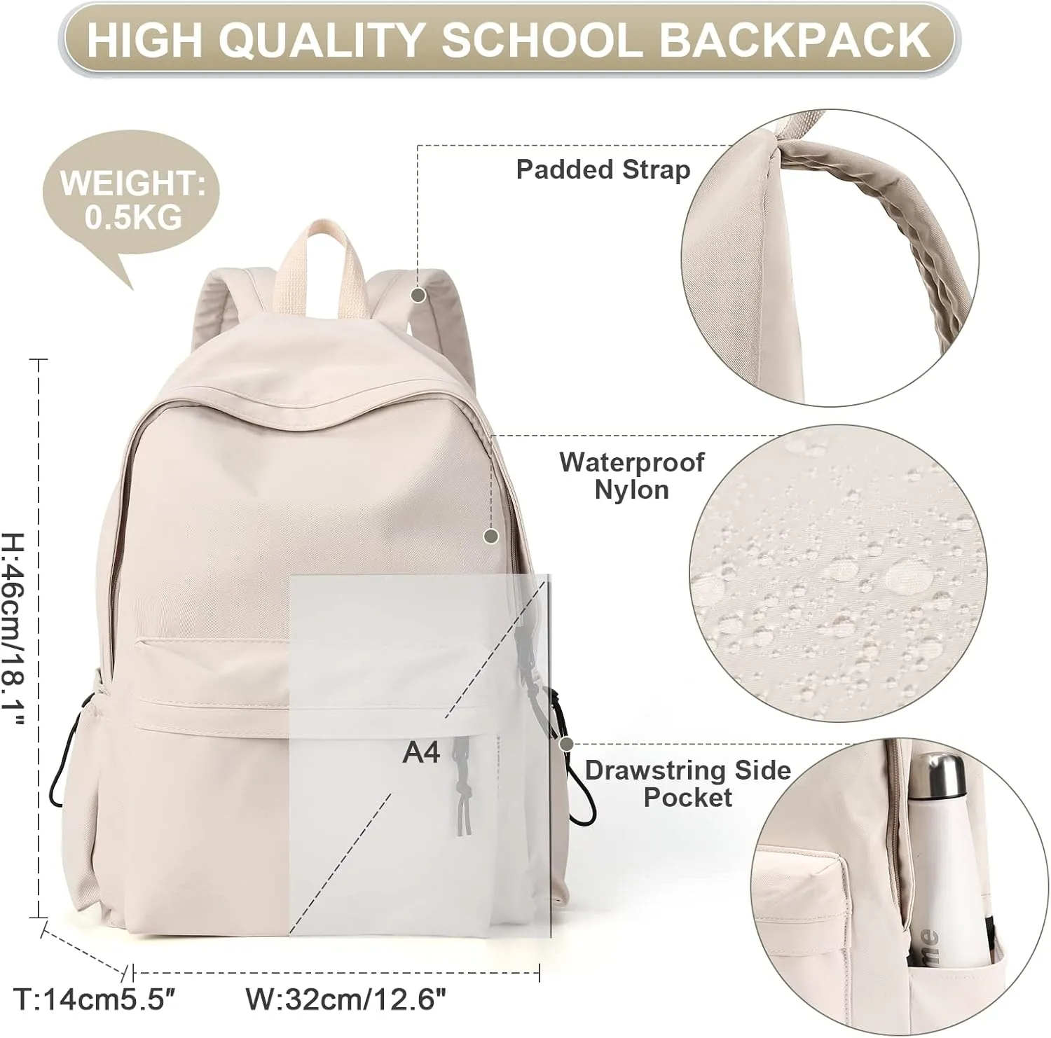 PAUBACK Beige School Backpack for Girls Water Resistant High School Book Bag Simple Backpack for Teens Boys Girls, Lightweight Simple Middle School Back Pack Daypack