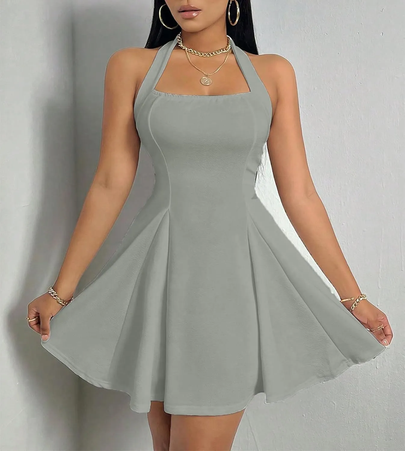 PerZeal Women's 2025 Summer Dress Sleeveless Halter Neck Sundress Backless Flared Short Mini Beach Dress