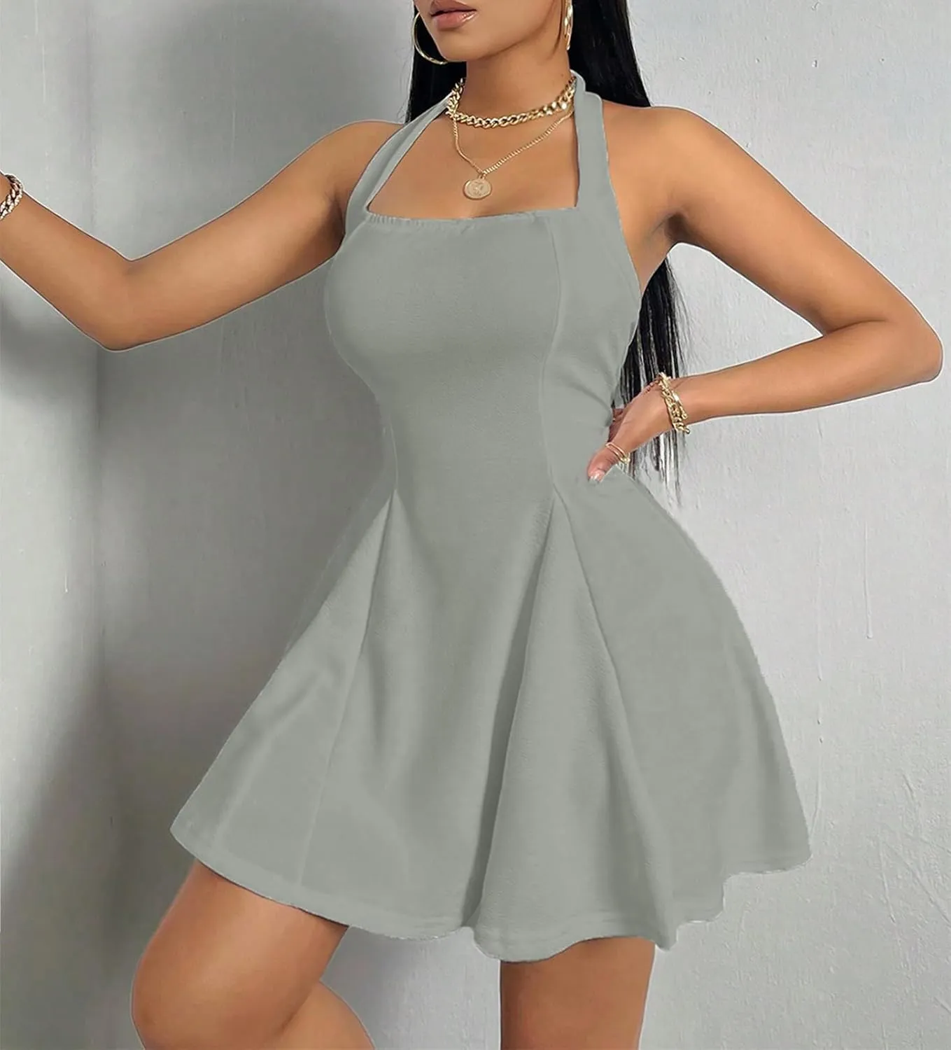 PerZeal Women's 2025 Summer Dress Sleeveless Halter Neck Sundress Backless Flared Short Mini Beach Dress