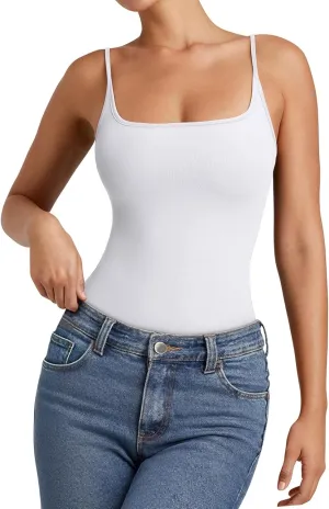 PINKMSTYLE Womens Double Lined Square Neck Bodysuit Spaghetti Strap Tank Top Sexy Going Out Tops
