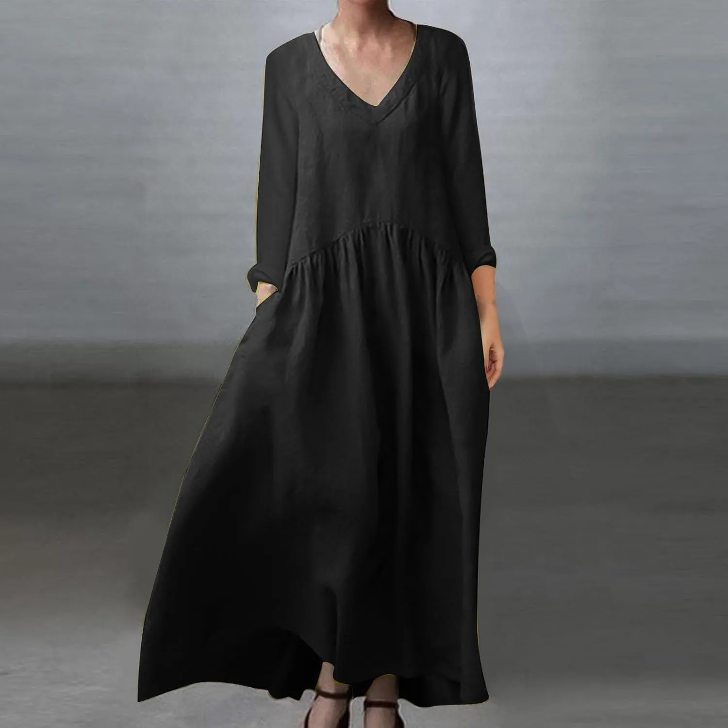 Plus Size Dresses for Women Ladies V Neck Solid Color Cotton and Linen Casual Pocket Long Sleeved Cute Dress
