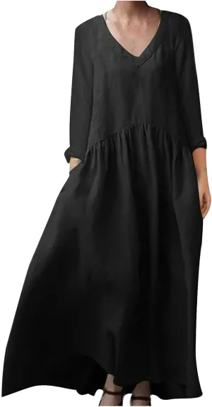 Plus Size Dresses for Women Ladies V Neck Solid Color Cotton and Linen Casual Pocket Long Sleeved Cute Dress