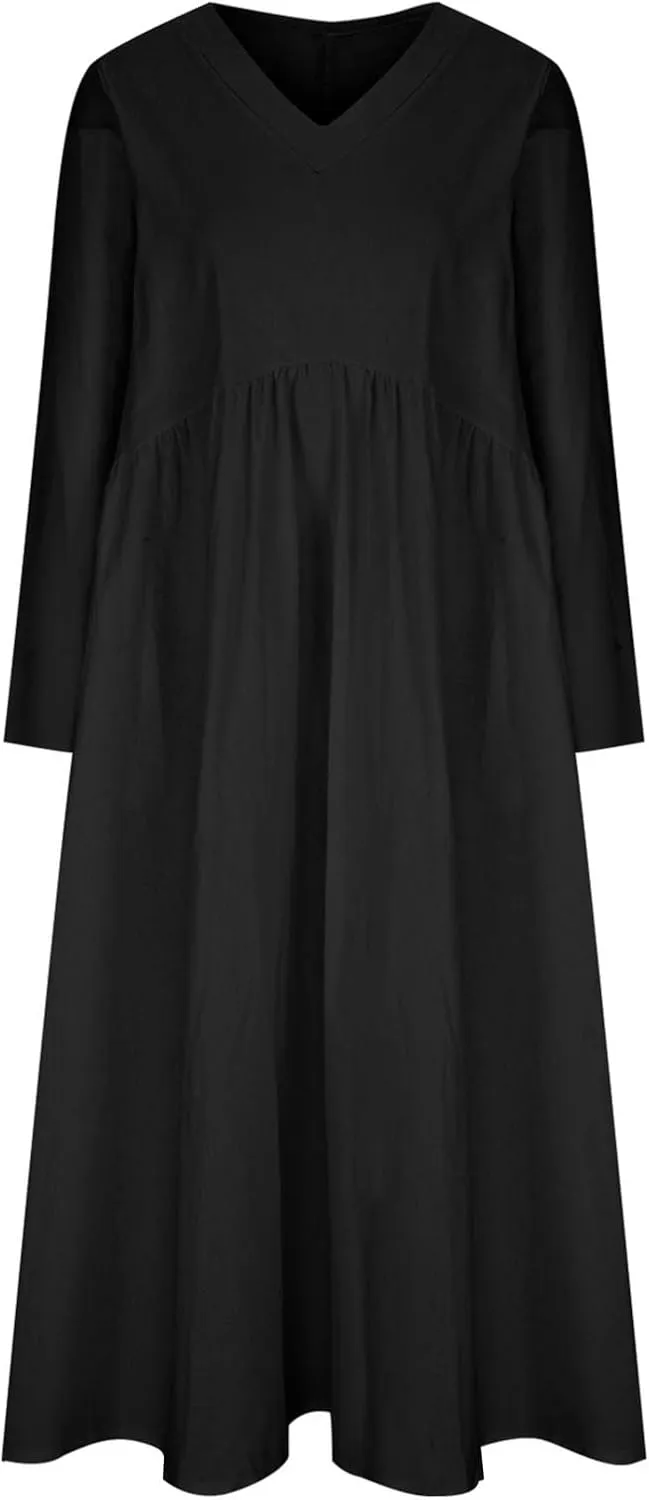 Plus Size Dresses for Women Ladies V Neck Solid Color Cotton and Linen Casual Pocket Long Sleeved Cute Dress