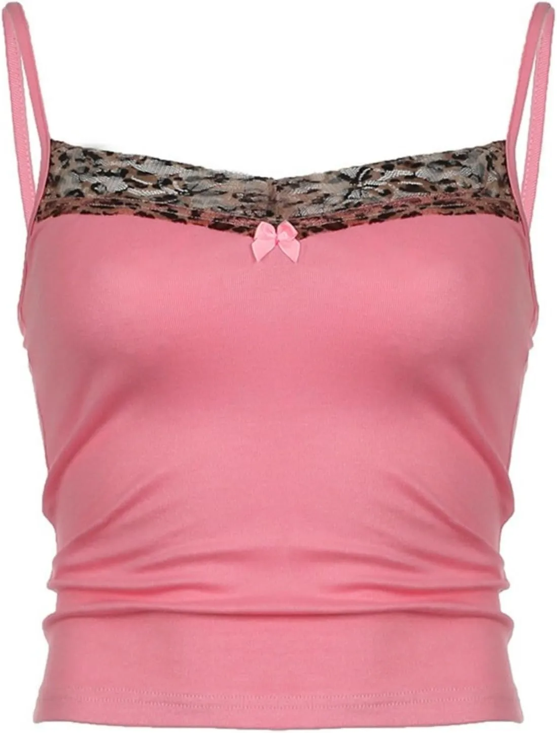 Pokn Y2K Bodycon Tank Top - Sexy Lace Leopard Print Patchwork Strap Aesthetic Tops for Women