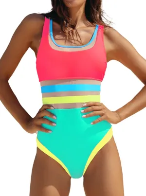 popvil Neon Color Block One Piece Swimsuit for Women Teens Sporty Bathing Suit Mesh Swimwear