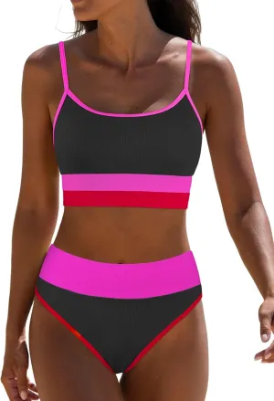 popvil Women Bikini Sets Two Piece Bathing Suit - Sporty High Waisted Swimsuit Cheeky Modest Ribbed Neon Bikini