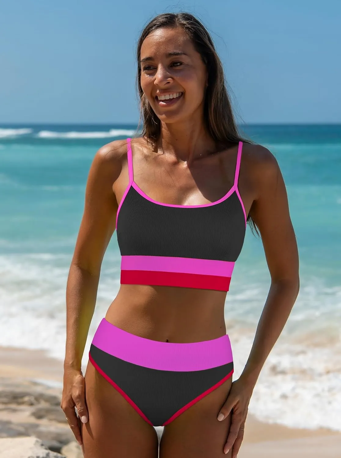 popvil Women Bikini Sets Two Piece Bathing Suit - Sporty High Waisted Swimsuit Cheeky Modest Ribbed Neon Bikini