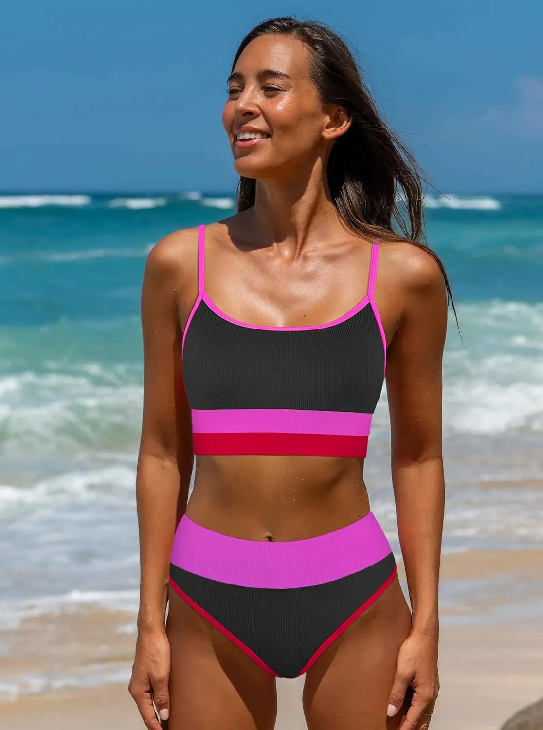 popvil Women Bikini Sets Two Piece Bathing Suit - Sporty High Waisted Swimsuit Cheeky Modest Ribbed Neon Bikini