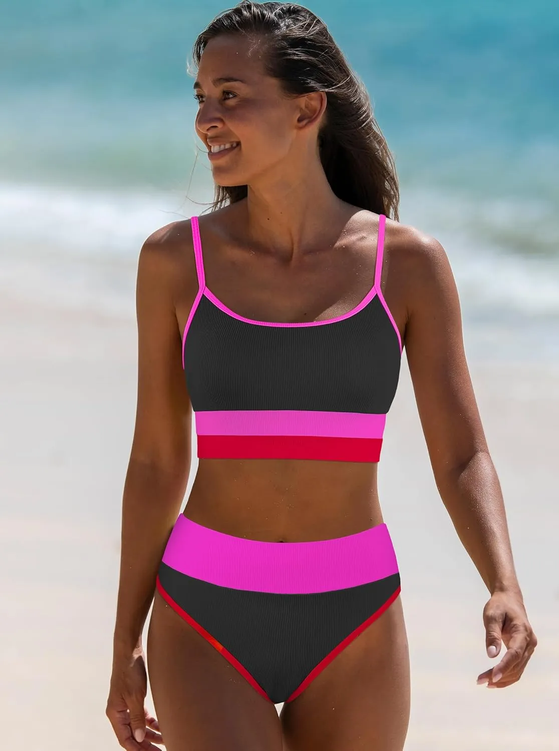 popvil Women Bikini Sets Two Piece Bathing Suit - Sporty High Waisted Swimsuit Cheeky Modest Ribbed Neon Bikini