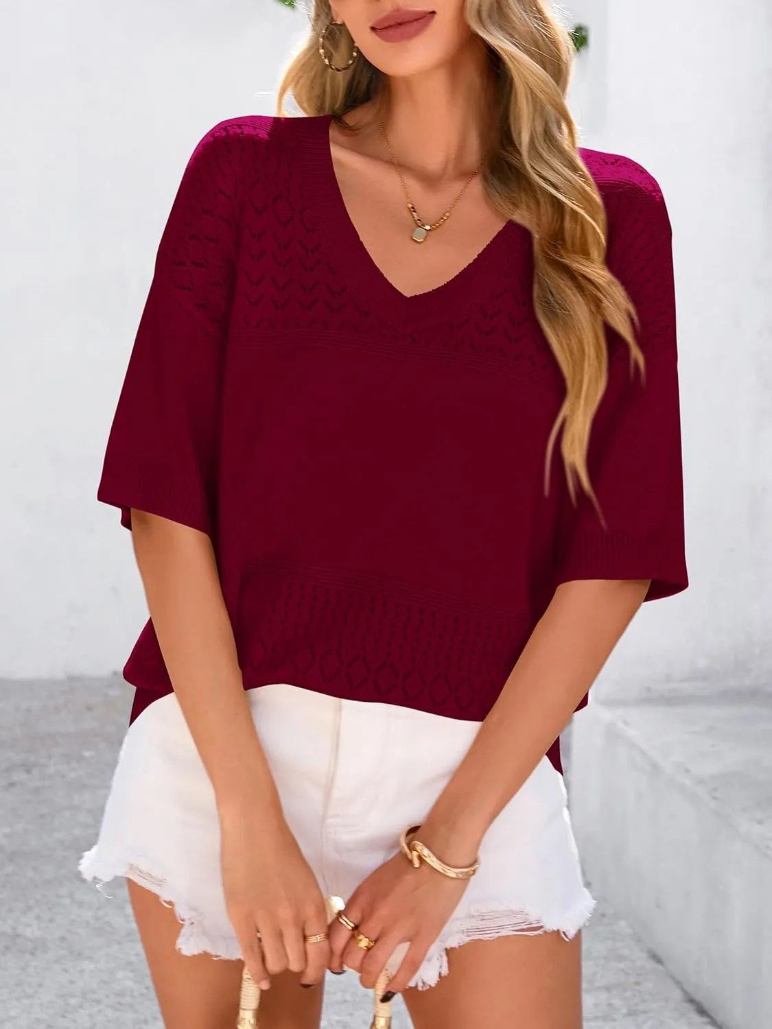 PRETTYGARDEN Women's Short Sleeve Sweater Tops 2025 Spring Summer Casual V Neck Ribbed Knit Trendy Eyelet Blouse T Shirts