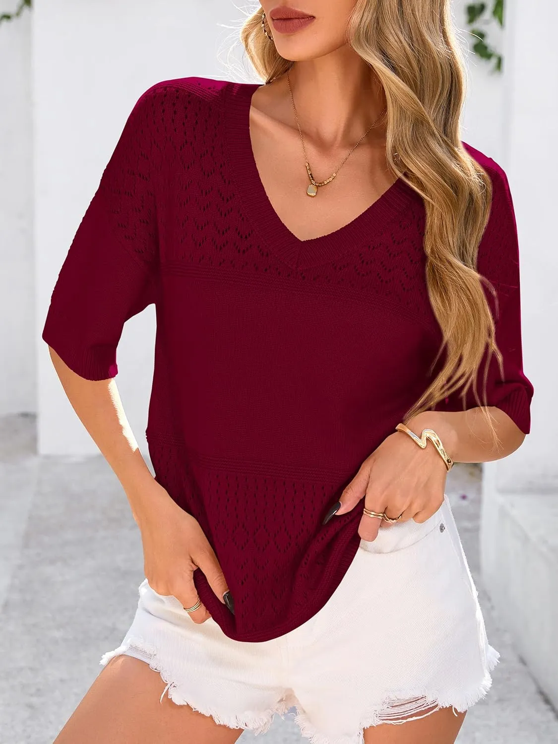 PRETTYGARDEN Women's Short Sleeve Sweater Tops 2025 Spring Summer Casual V Neck Ribbed Knit Trendy Eyelet Blouse T Shirts