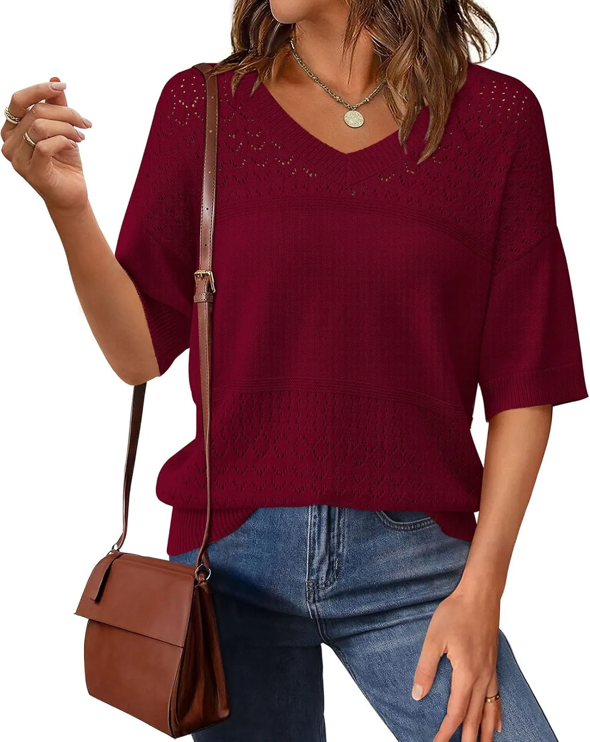 PRETTYGARDEN Women's Short Sleeve Sweater Tops 2025 Spring Summer Casual V Neck Ribbed Knit Trendy Eyelet Blouse T Shirts