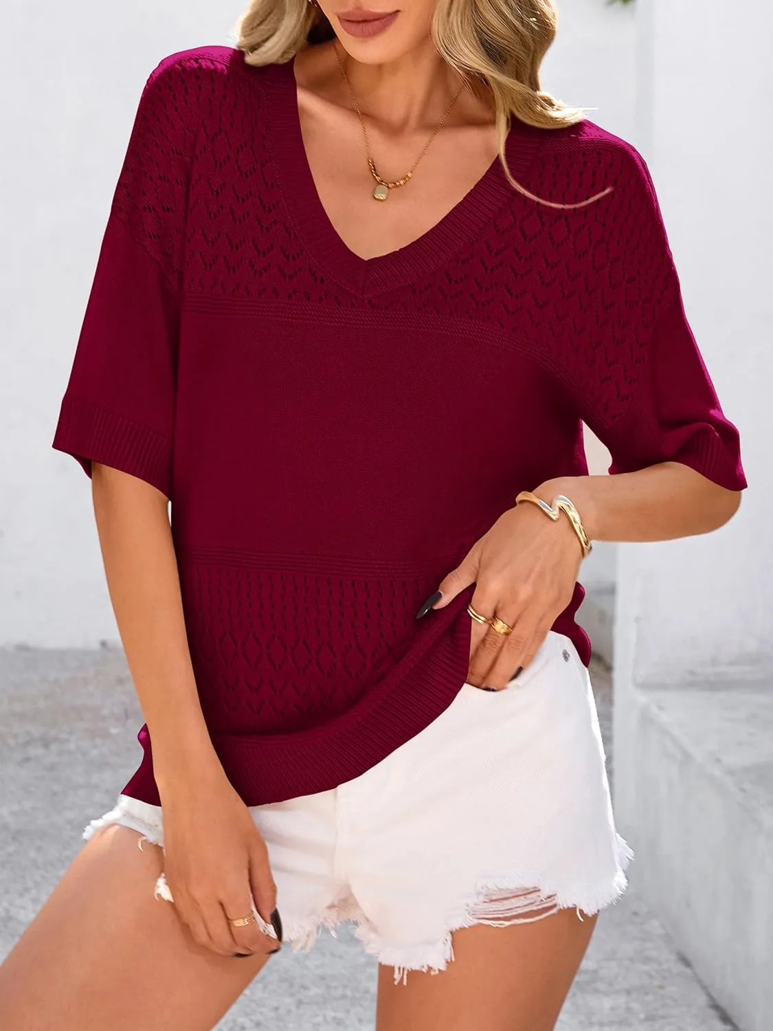 PRETTYGARDEN Women's Short Sleeve Sweater Tops 2025 Spring Summer Casual V Neck Ribbed Knit Trendy Eyelet Blouse T Shirts