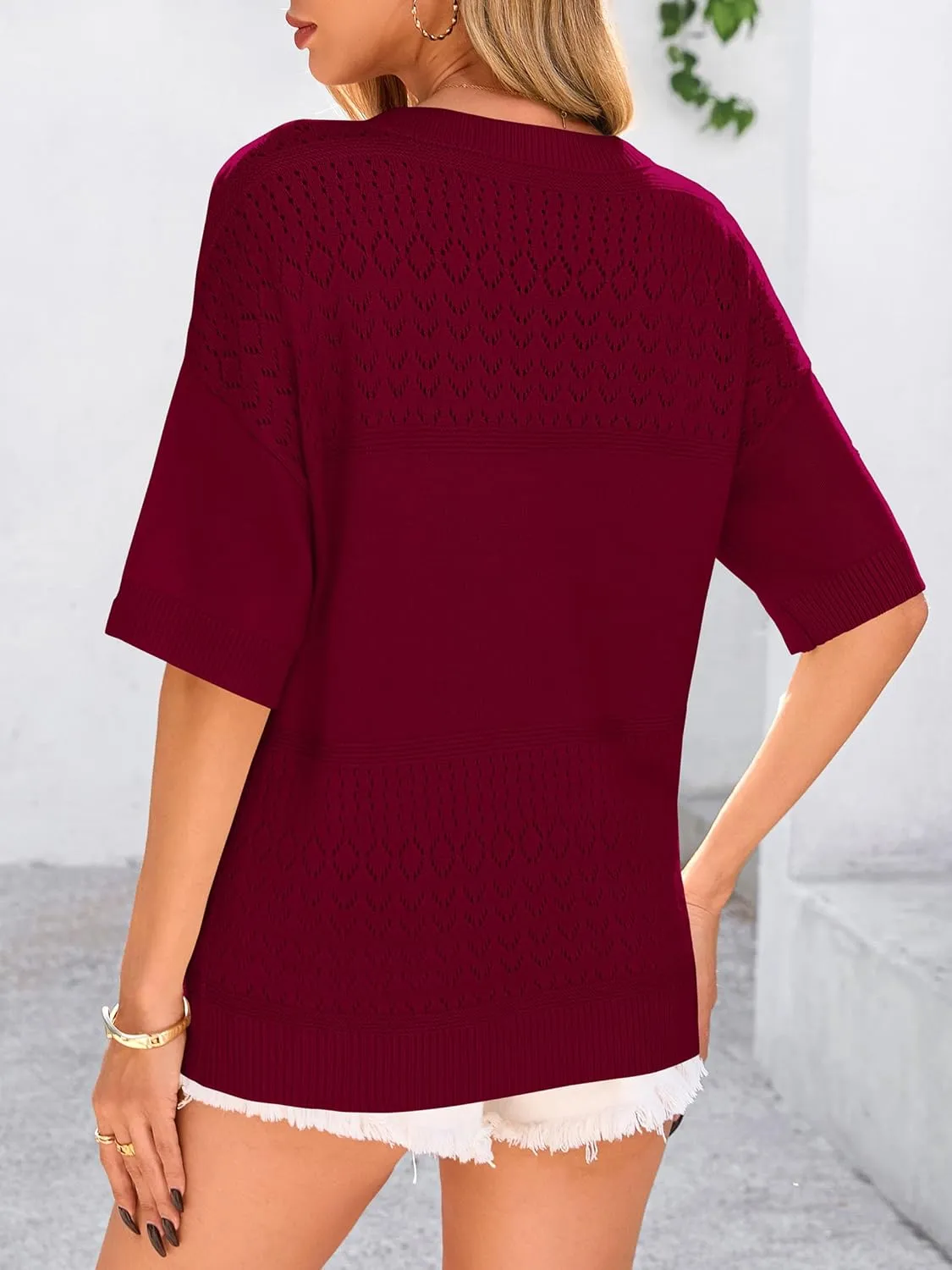 PRETTYGARDEN Women's Short Sleeve Sweater Tops 2025 Spring Summer Casual V Neck Ribbed Knit Trendy Eyelet Blouse T Shirts