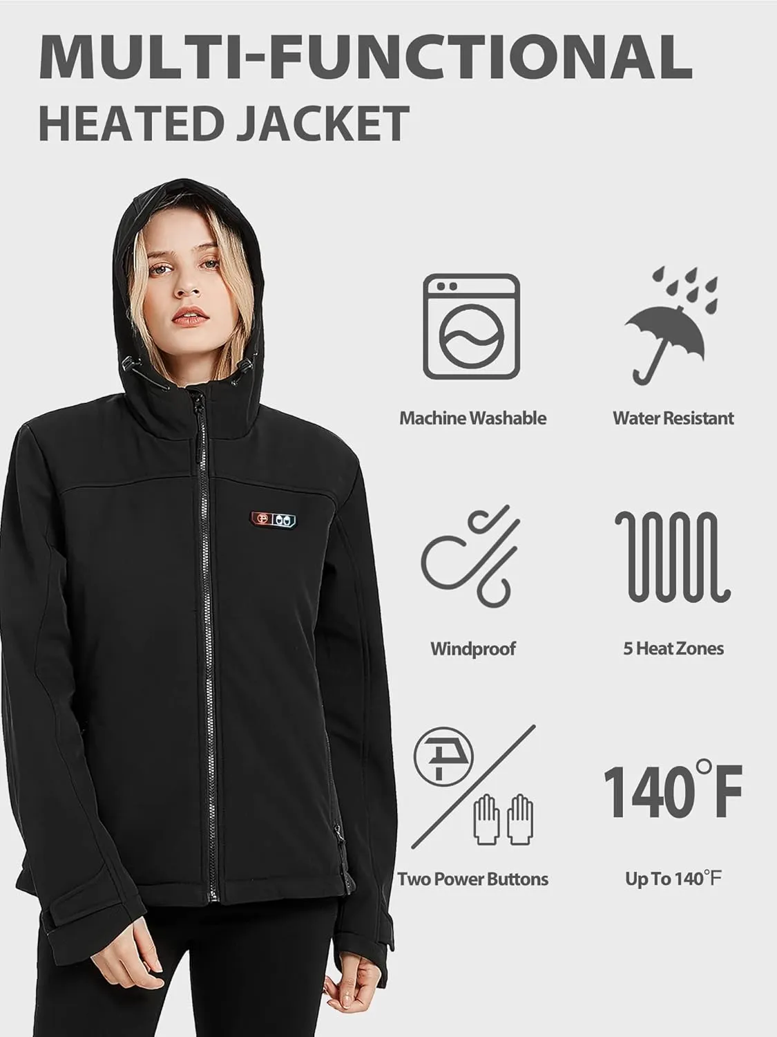 PTAHDUS Women's Heated Jackets 5 Heat Zones Battery Pack Included, with Hand Warmer Pocket