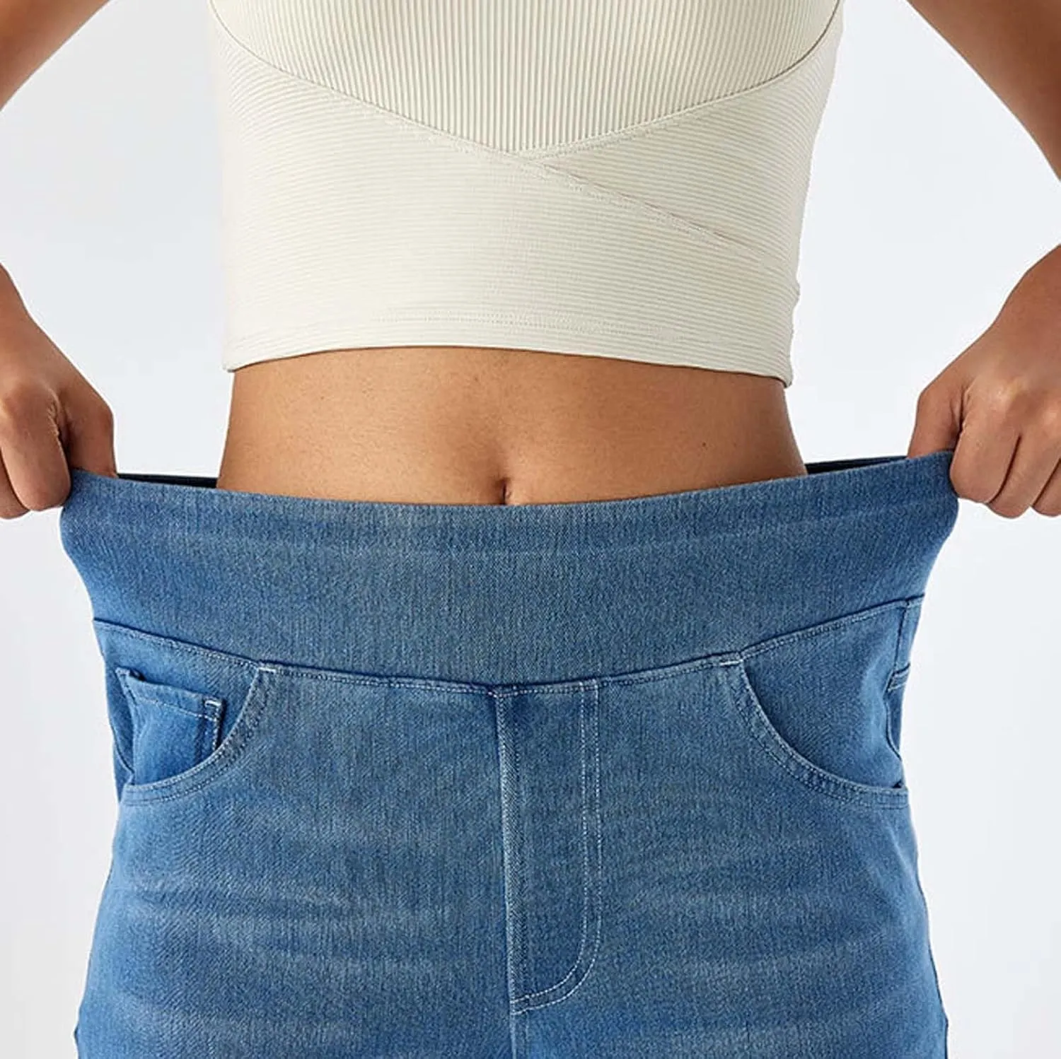 Pull On Wide Leg Jeans for Women, High Waisted Stretchy Baggy Trendy Tummy Control Wide Leg Denim Pants with Pockets