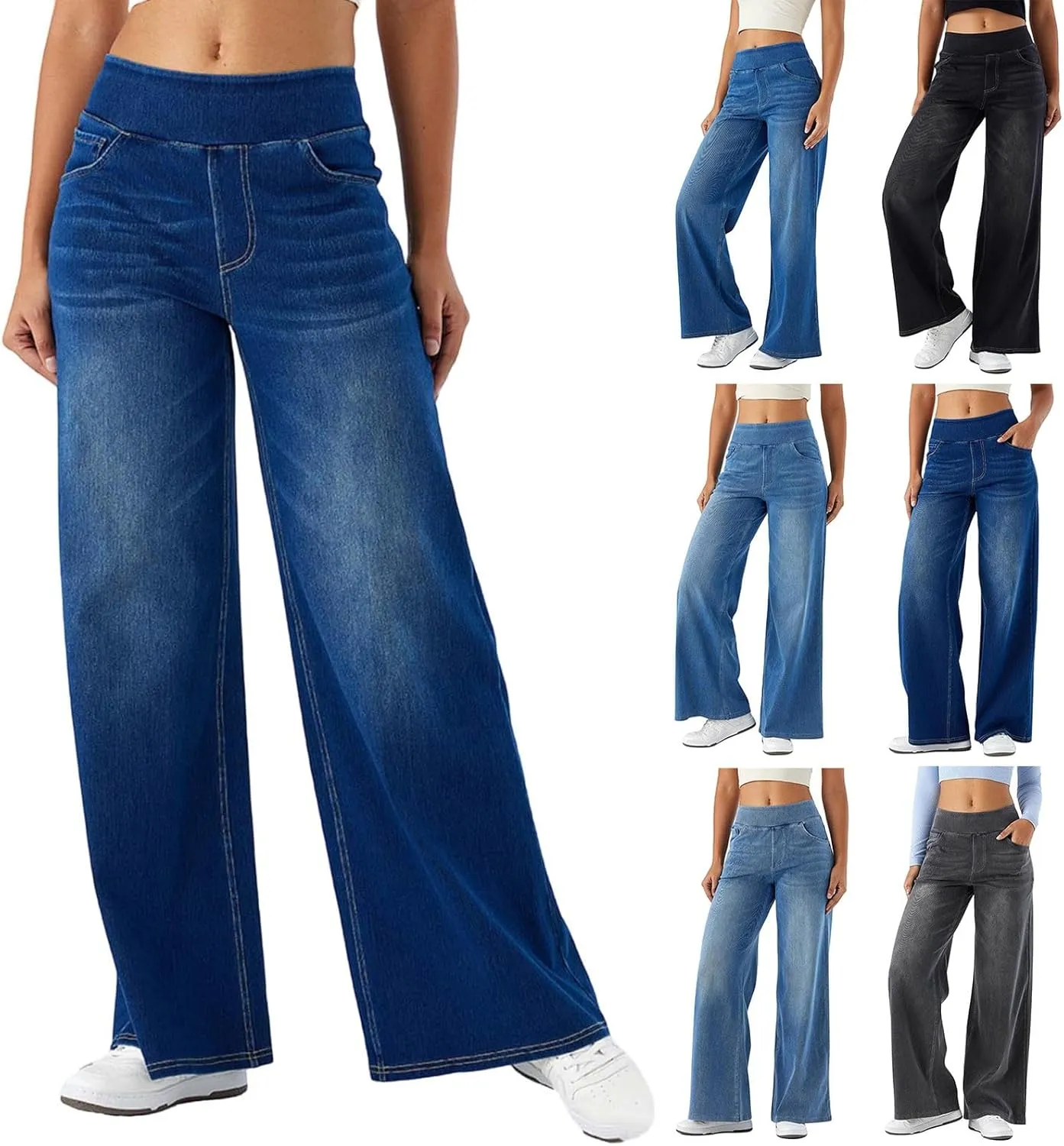 Pull On Wide Leg Jeans for Women, High Waisted Stretchy Baggy Trendy Tummy Control Wide Leg Denim Pants with Pockets