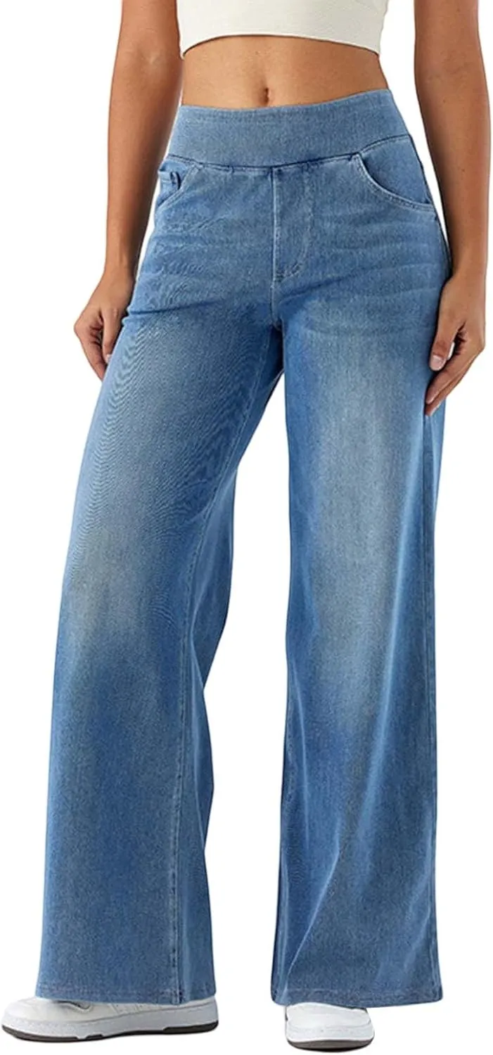 Pull On Wide Leg Jeans for Women, High Waisted Stretchy Baggy Trendy Tummy Control Wide Leg Denim Pants with Pockets