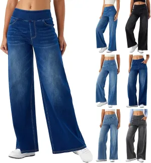 Pull On Wide Leg Jeans for Women, High Waisted Stretchy Baggy Trendy Tummy Control Wide Leg Denim Pants with Pockets