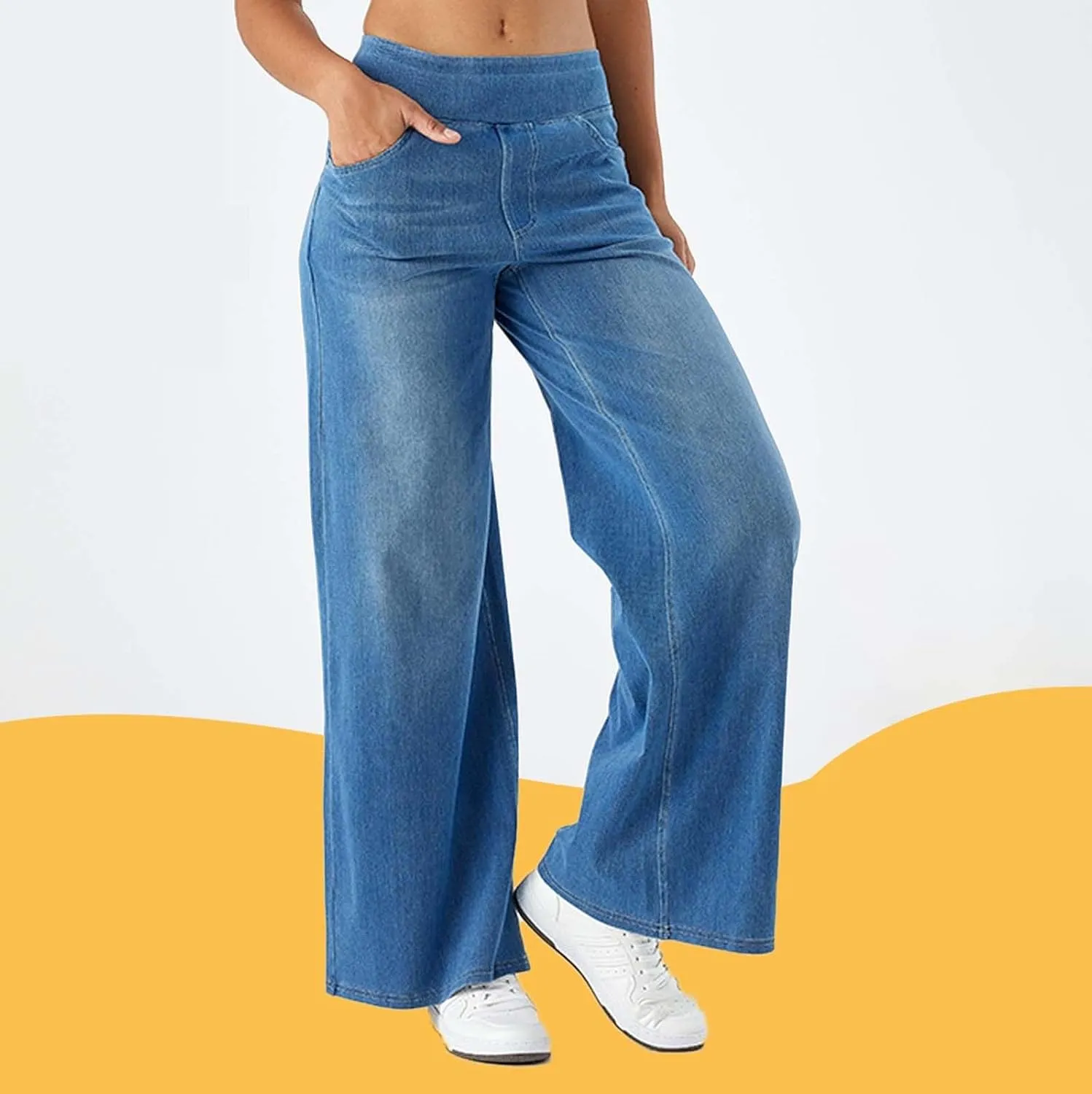 Pull On Wide Leg Jeans for Women, High Waisted Stretchy Baggy Trendy Tummy Control Wide Leg Denim Pants with Pockets