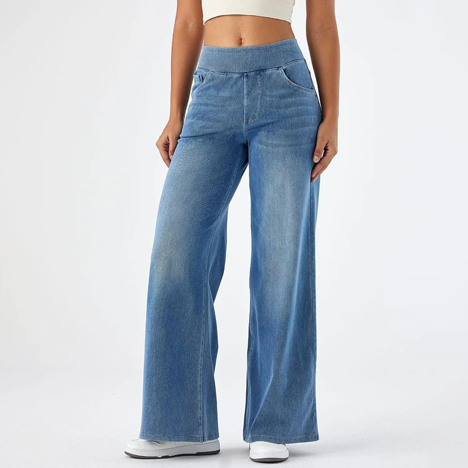 Pull On Wide Leg Jeans for Women, High Waisted Stretchy Baggy Trendy Tummy Control Wide Leg Denim Pants with Pockets