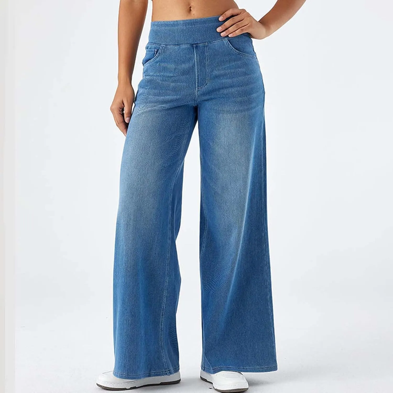 Pull On Wide Leg Jeans for Women, High Waisted Stretchy Baggy Trendy Tummy Control Wide Leg Denim Pants with Pockets