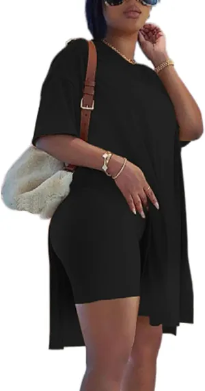 qfmqkpi Womens Casual 2 Piece Outfits V Neck Side Split Tops and Shorts Set Tracksuit