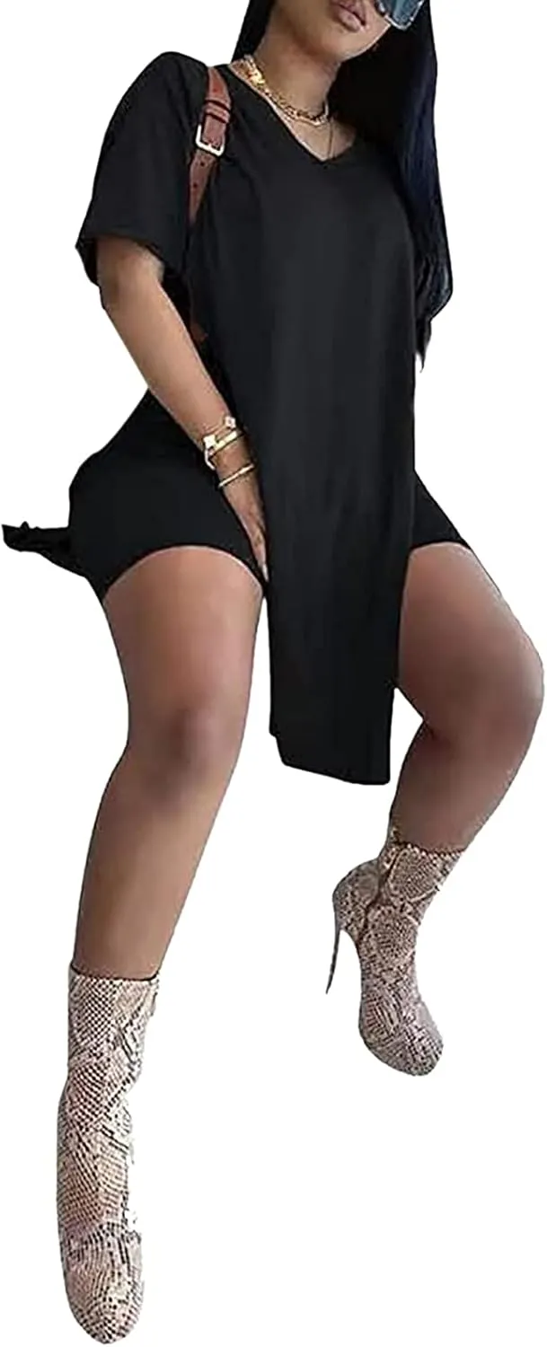 qfmqkpi Womens Casual 2 Piece Outfits V Neck Side Split Tops and Shorts Set Tracksuit