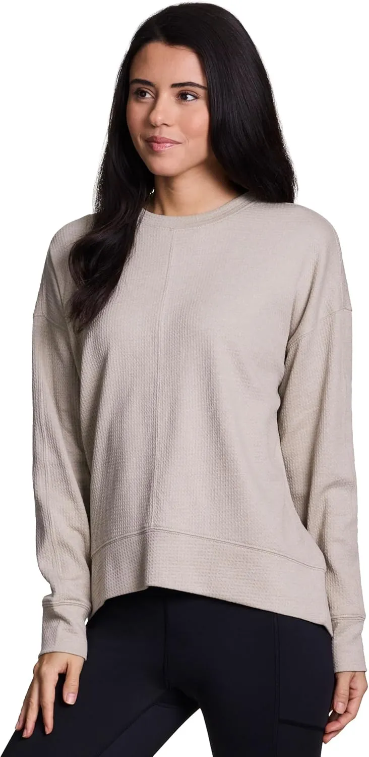 RBX Women's Crewneck Pullover Buttery Soft Waffle Textured Long Sleeve Yoga Top Relaxed Fit Lightweight Peached Sweatshirt