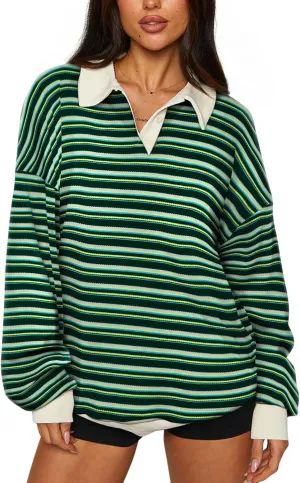 REORIA Oversized Sweatshirt for Women Trendy Fall Fashion 2025 Y2k Striped Long Sleeve Pullover Rugby Shirt Tops Clothes
