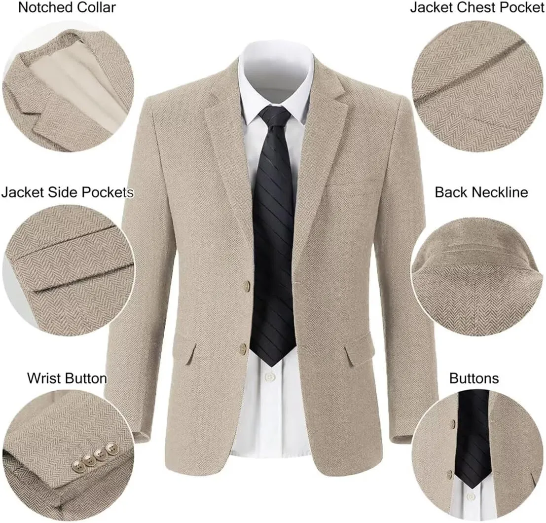 Retro Herringbone Mens Suit Jackets Tweed Slim Fit Sport Coats Prom Business Blazer Casual Men Tux Jacket Wedding Blazers