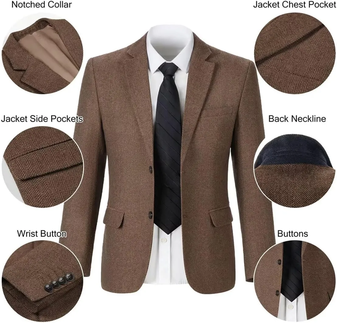 Retro Herringbone Mens Suit Jackets Tweed Slim Fit Sport Coats Prom Business Blazer Casual Men Tux Jacket Wedding Blazers