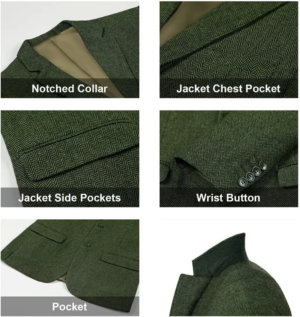 Retro Herringbone Mens Suit Jackets Tweed Slim Fit Sport Coats Prom Business Blazer Casual Men Tux Jacket Wedding Blazers