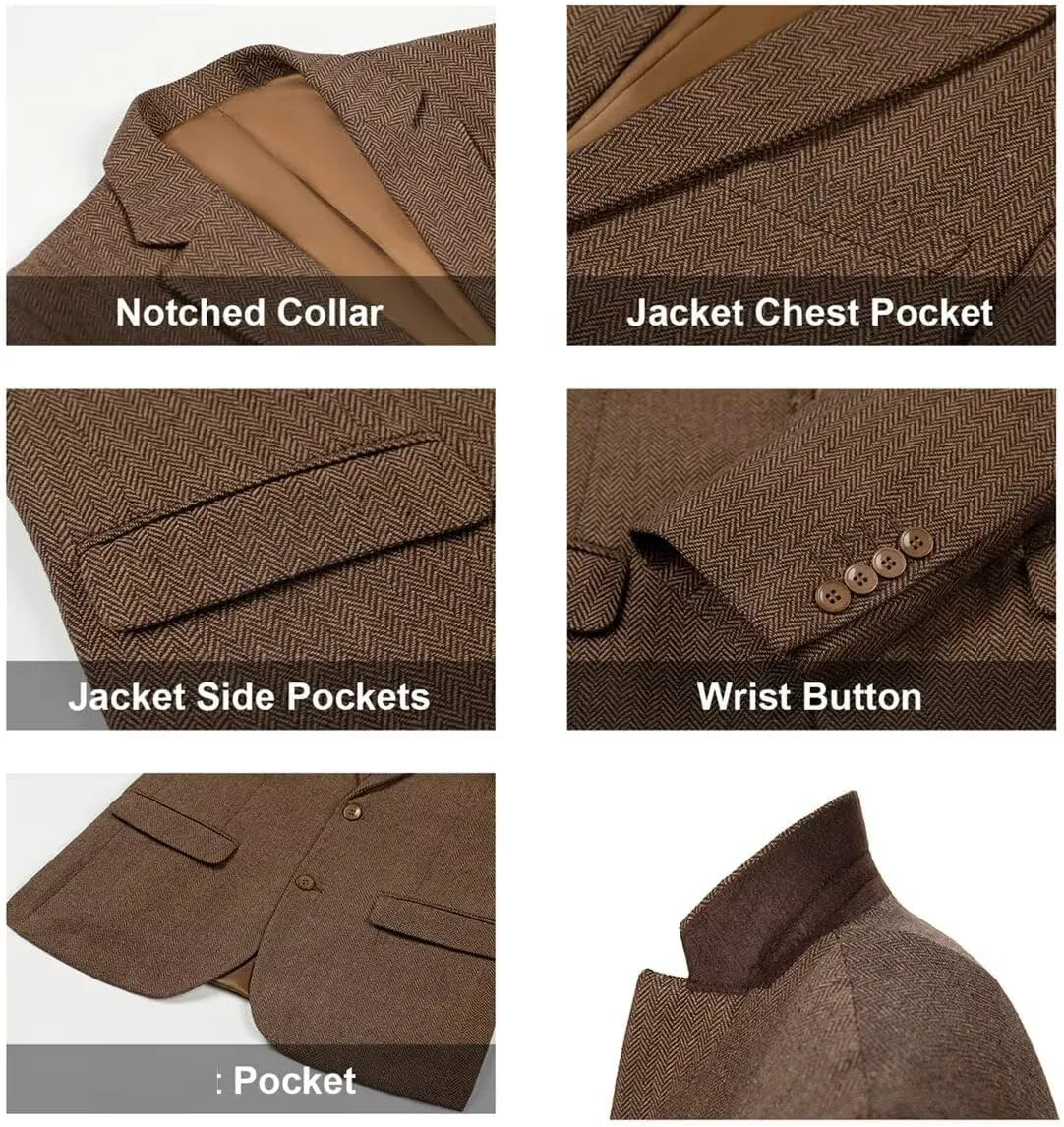 Retro Herringbone Mens Suit Jackets Tweed Slim Fit Sport Coats Prom Business Blazer Casual Men Tux Jacket Wedding Blazers