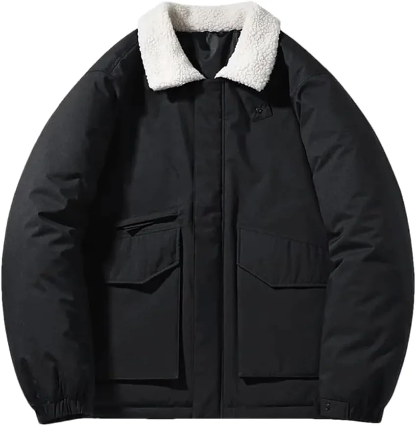Rfmfkkg Men'S Lamb Fleece Lapel Coat Sportswear Solid Color Cargo Casual Cotton-Padded Jackets