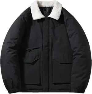 Rfmfkkg Men'S Lamb Fleece Lapel Coat Sportswear Solid Color Cargo Casual Cotton-Padded Jackets
