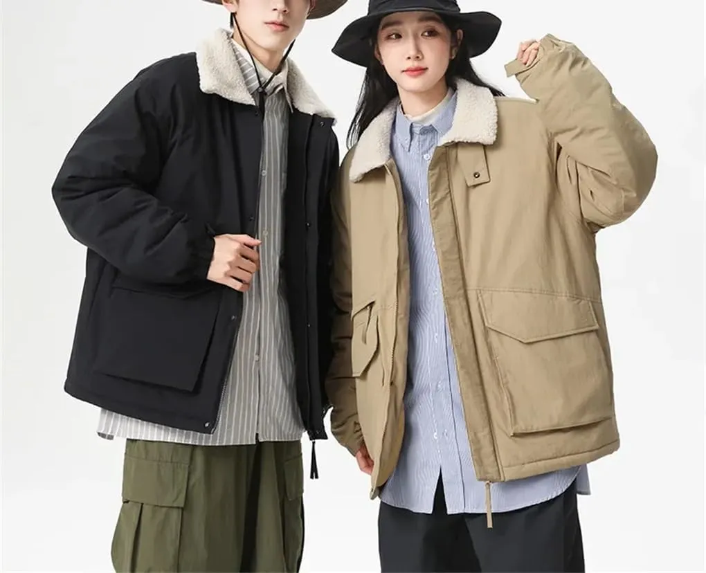 Rfmfkkg Men'S Lamb Fleece Lapel Coat Sportswear Solid Color Cargo Casual Cotton-Padded Jackets