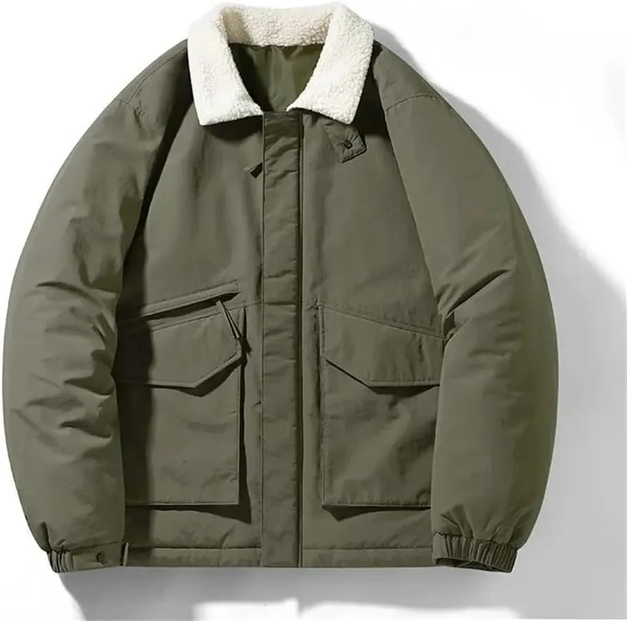 Rfmfkkg Men'S Lamb Fleece Lapel Coat Sportswear Solid Color Cargo Casual Cotton-Padded Jackets